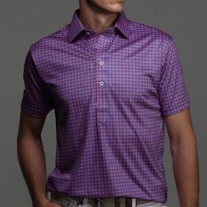 NEW Collars & Co Mens Large Tall Gingham Polo Shirt Blue Red Short Sleeve Dress